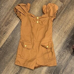Janie and Jack Tan Romper with Puff Sleeves